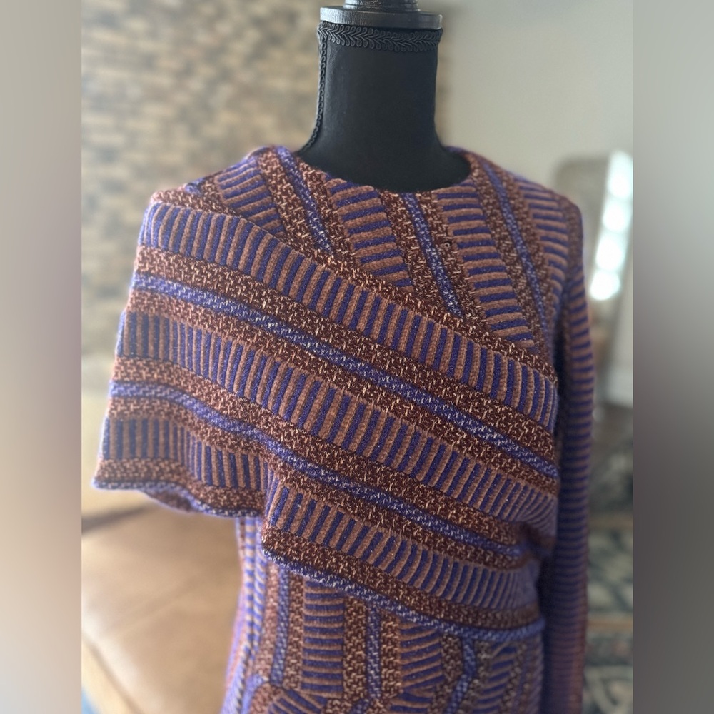 BCBG long asymmetrical dress. Wool like knit fabric. Flattering pattern